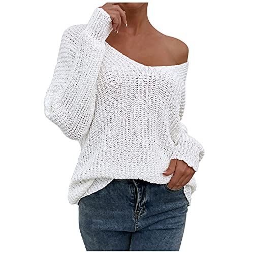 Damen Strickpullover V-Ausschnitt Pullover Schulterfrei Langarmshirt Strickpulli Casual Oberteile Tops Winter Langarm Einfarbig Pullover Lose Aushöhlen Sweatshirt Langarm Schulterfreier Pullover von Daodan