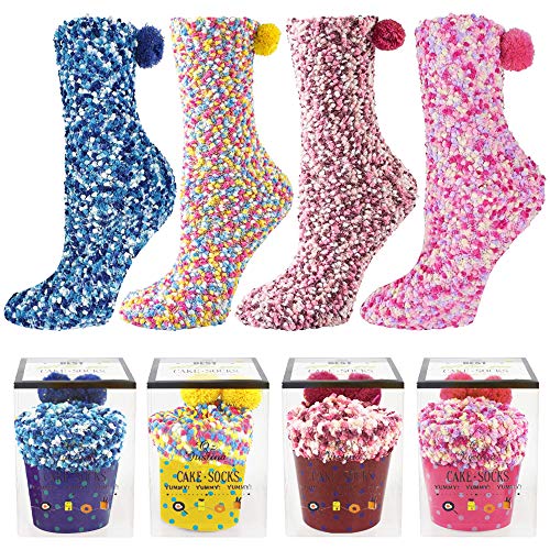 4 Paare Damen Flauschige Socken, Weihnachten lustige Socken mit 4 Geschenkboxen Cupcake, Cupcakes Design niedliche weiche Fuzzy bequeme Slipper Bettsocken, Neujahrs- und Valentinstagsgeschenke von Daohexi