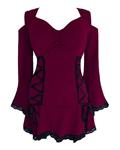 Dare to Wear Temptation Korsett Top: viktorianische Gothic-Damen-Tunika, schulterfrei, Glockenärmel, Spitze, lässig, Cosplay, Festival, Tunika, Burgunder, 2X von Dare to Wear