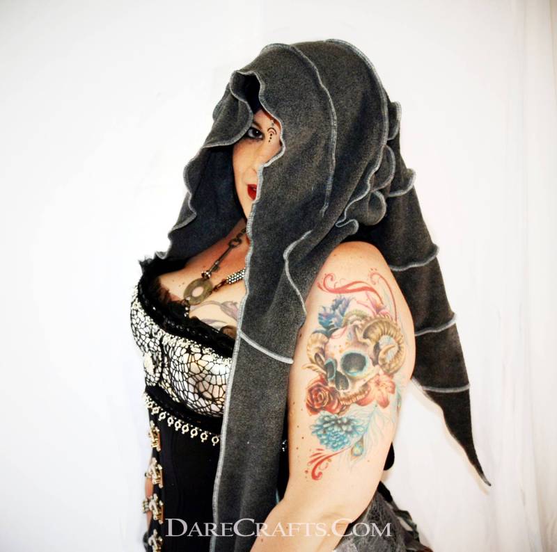 Graue Pixie Haube, Begeisterte Scoodie, Kapuzen-Schal, Festival Kapuze, Kostüm Fairy Stammes-Haube Haube Schal, Brennende Mann Hut Graue Pixie Haube, Begeisterte Scoodie, Kapuzen-Schal, Festival Kapuze, Kostüm Fairy Stammes-Haube Haube Schal, Brennende Mann Hut von DareCrafts