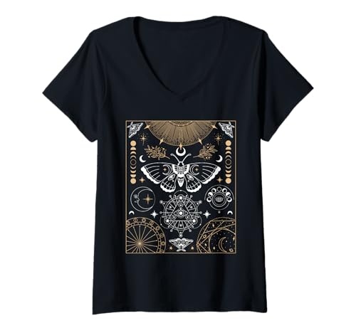 Damen Luna Moth Mondphasen Witchy Dark Academia Aesthetic T-Shirt mit V-Ausschnitt von Dark Academia Aesthetic Tarot Moon Co.