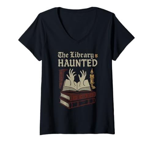 Damen Haunted Library Gothic Books Ghostly Archives Spooky Reader T-Shirt mit V-Ausschnitt Damen Haunted Library Gothic Books Ghostly Archives Spooky Reader T-Shirt mit V-Ausschnitt von Dark Academia Bookworm Horror Haunted Bookshelf