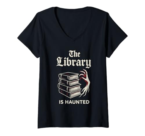 Damen Haunted Library Gothic Books Ghostly Archives Spooky Reader T-Shirt mit V-Ausschnitt Damen Haunted Library Gothic Books Ghostly Archives Spooky Reader T-Shirt mit V-Ausschnitt von Dark Academia Bookworm Horror Haunted Bookshelf