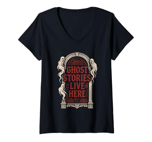 Damen Haunted Library Gothic Books Ghostly Archives Spooky Reader T-Shirt mit V-Ausschnitt Damen Haunted Library Gothic Books Ghostly Archives Spooky Reader T-Shirt mit V-Ausschnitt von Dark Academia Bookworm Horror Haunted Bookshelf