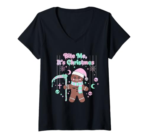 Damen Gothic Weihnachten Pastell Goth Spuk Verfluchtes Lebkuchen T-Shirt mit V-Ausschnitt von Dark And Dreamy Holiday Aesthetics