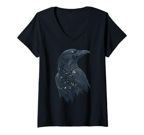 Damen Rabe Mystisch Vogel Krähe T-Shirt mit V-Ausschnitt von Dark Art Gothic Vogel Krähe Halloween