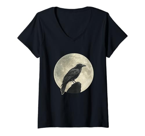 Damen Rabe Mystisch Vogel Mond Krähe T-Shirt mit V-Ausschnitt von Dark Art Gothic Vogel Krähe Halloween