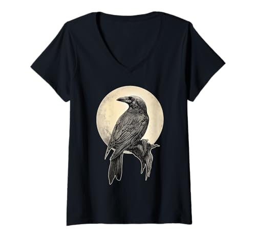 Damen Rabe Mystisch Vogel Mond Krähe T-Shirt mit V-Ausschnitt von Dark Art Gothic Vogel Krähe Halloween