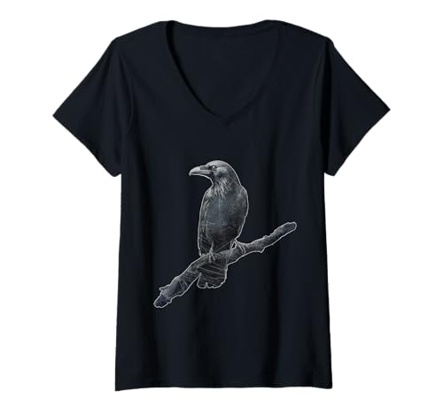 Damen Rabe Mystisch Vogel Krähe T-Shirt mit V-Ausschnitt von Dark Art Gothic Vogel Krähe