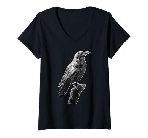 Damen Rabe Mystisch Vogel Krähe T-Shirt mit V-Ausschnitt von Dark Art Gothic Vogel Krähe
