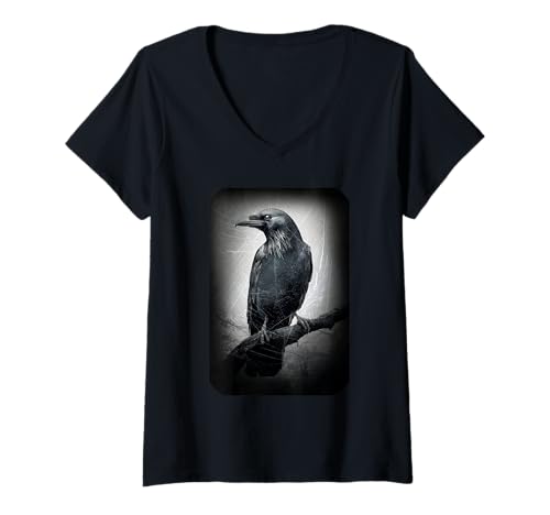 Damen Rabe Mystisch Vogel Krähe T-Shirt mit V-Ausschnitt von Dark Art Gothic Vogel Krähe