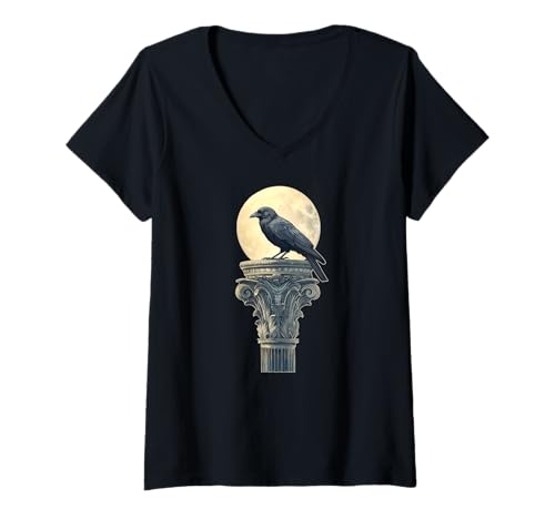 Damen Rabe Säule Kapitell Mystisch Vogel Mond Krähe T-Shirt mit V-Ausschnitt von Dark Art Gothic Vogel Krähe