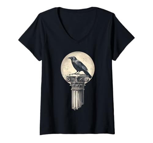 Damen Rabe Säule Kapitell Mystisch Vogel Mond Krähe T-Shirt mit V-Ausschnitt von Dark Art Gothic Vogel Krähe