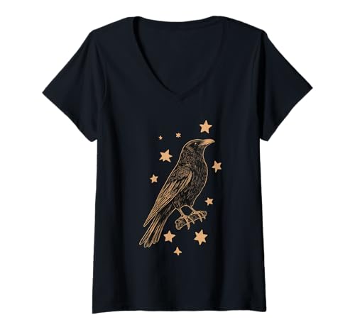 Damen Rabe Sterne Krähe Gothic T-Shirt mit V-Ausschnitt von Dark Art Gothic Vogel