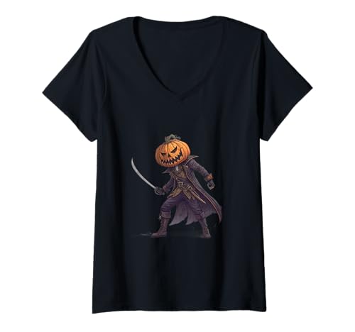 Damen Kürbiskopf-Piraten-Illustration mit Schwert und Mantel T-Shirt mit V-Ausschnitt Damen Kürbiskopf-Piraten-Illustration mit Schwert und Mantel T-Shirt mit V-Ausschnitt von Dark Artist Harvest Studio