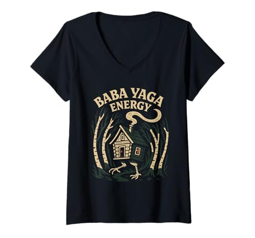 Damen Baba Yaga Slawische heidnische Folklore Hexe des Waldes Waldes T-Shirt mit V-Ausschnitt Damen Baba Yaga Slawische heidnische Folklore Hexe des Waldes Waldes T-Shirt mit V-Ausschnitt von Dark Cottagecore Pagan Mystic Slavic Aesthetic