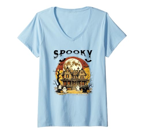 Damen Gruseliges Herrenhaus Halloween Kürbisse Spinne Gruseliger Vollmond Spaß T-Shirt mit V-Ausschnitt von Dark Cute Ghosts Goblins Bats Cats Haunt House CLR