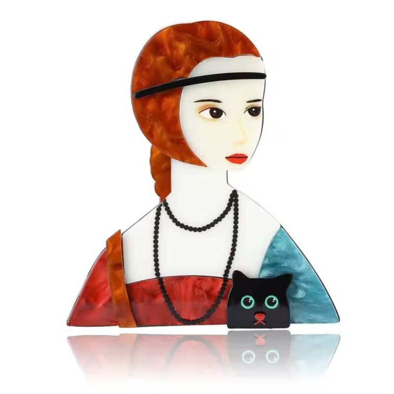 Dark-Desires Brosche Acryl Brosche Kunstmotiv "Das Mädchen mit Katze", Damen Brosche vintage Accesssoire retro Anstecknadel von Dark-Desires
