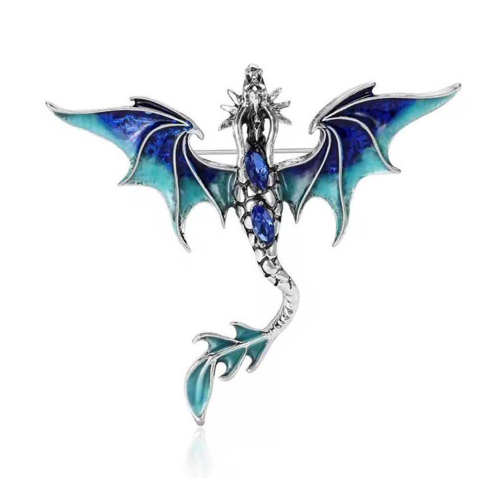 Dark-Desires Brosche Brosche fliegender Drache blau-silberfarben, Damen Brosche vintage Accesssoire retro Anstecknadel von Dark-Desires
