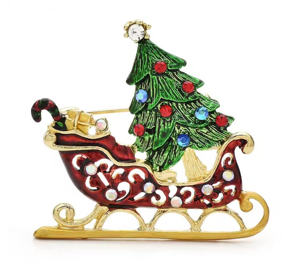 Dark-Desires Brosche Brosche zur Weihnachtszeit Schlitten mit Tannenbaum, Damen Brosche vintage Accesssoire retro Anstecknadel von Dark-Desires