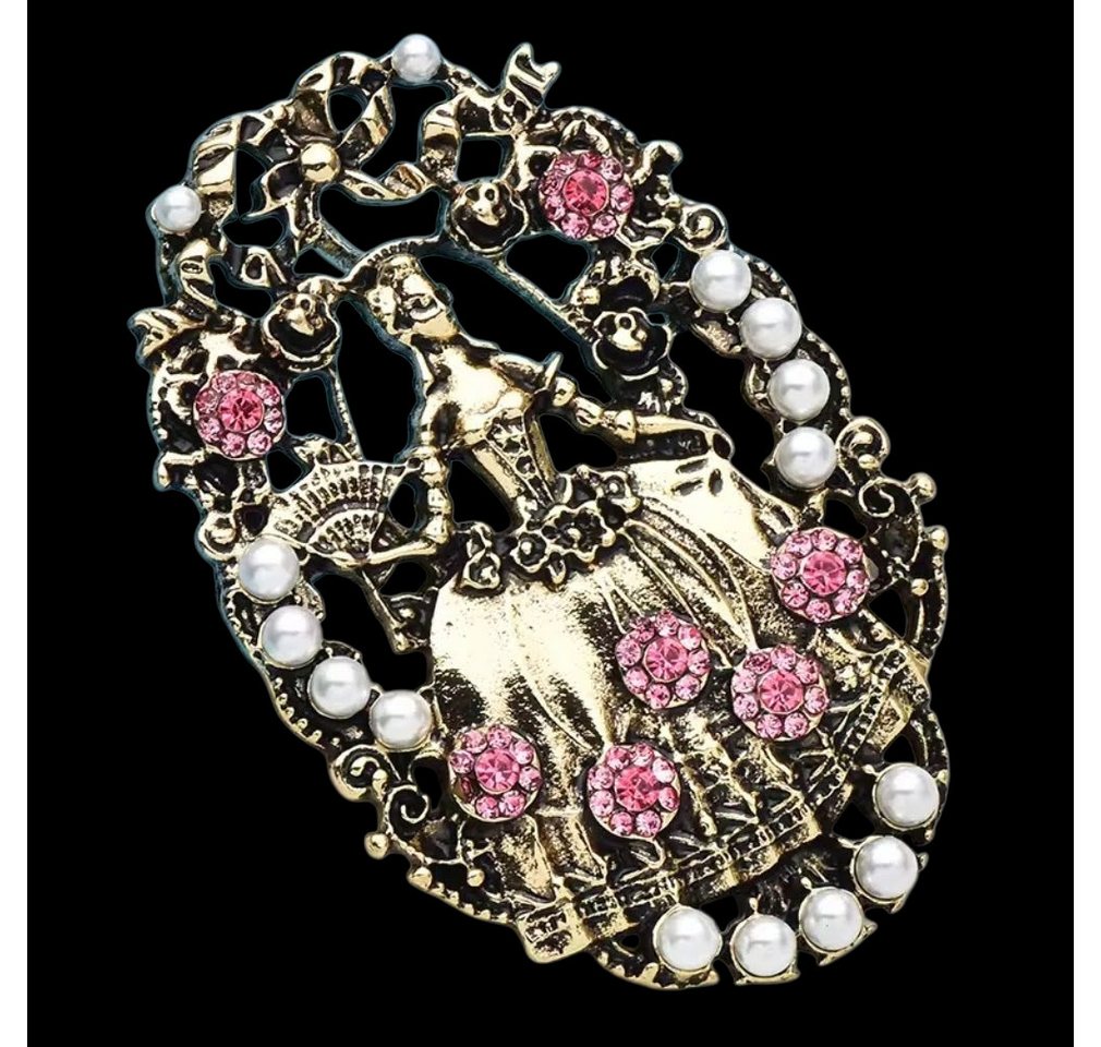 Dark-Desires Brosche Große Brosche mit "Lady mit Fächer" barock in goldfarben, Damen Brosche vintage Accesssoire retro Anstecknadel von Dark-Desires
