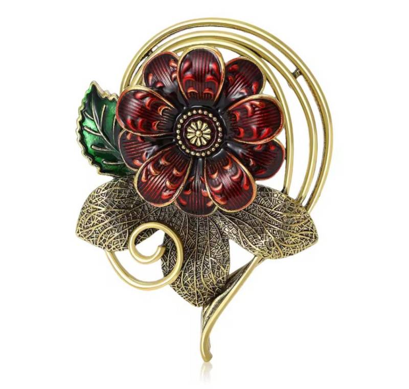 Dark-Desires Brosche Große retro Brosche Blume mit Ornament in gold-bordeaux, Damen Brosche vintage Accesssoire retro Anstecknadel von Dark-Desires