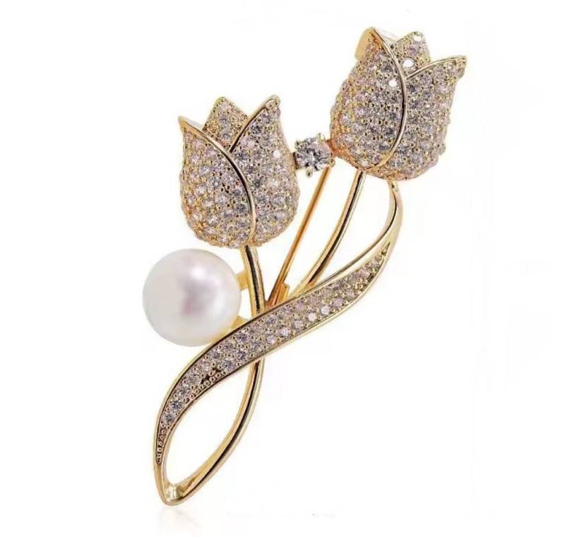 Dark-Desires Brosche Nostalgische Brosche Tulpe mit Kunstperle und Strass, Damen Brosche vintage Accesssoire retro Anstecknadel von Dark-Desires