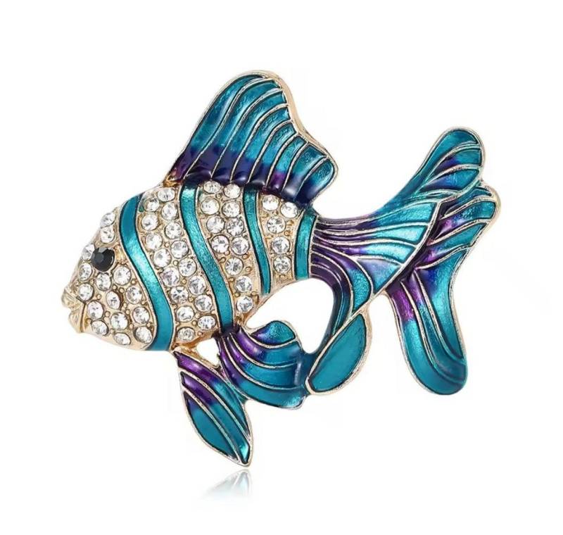 Dark-Desires Brosche Retro Brosche kleiner Fisch in blau-gold mit Strass emailliert, Damen Brosche vintage Accesssoire retro Anstecknadel von Dark-Desires