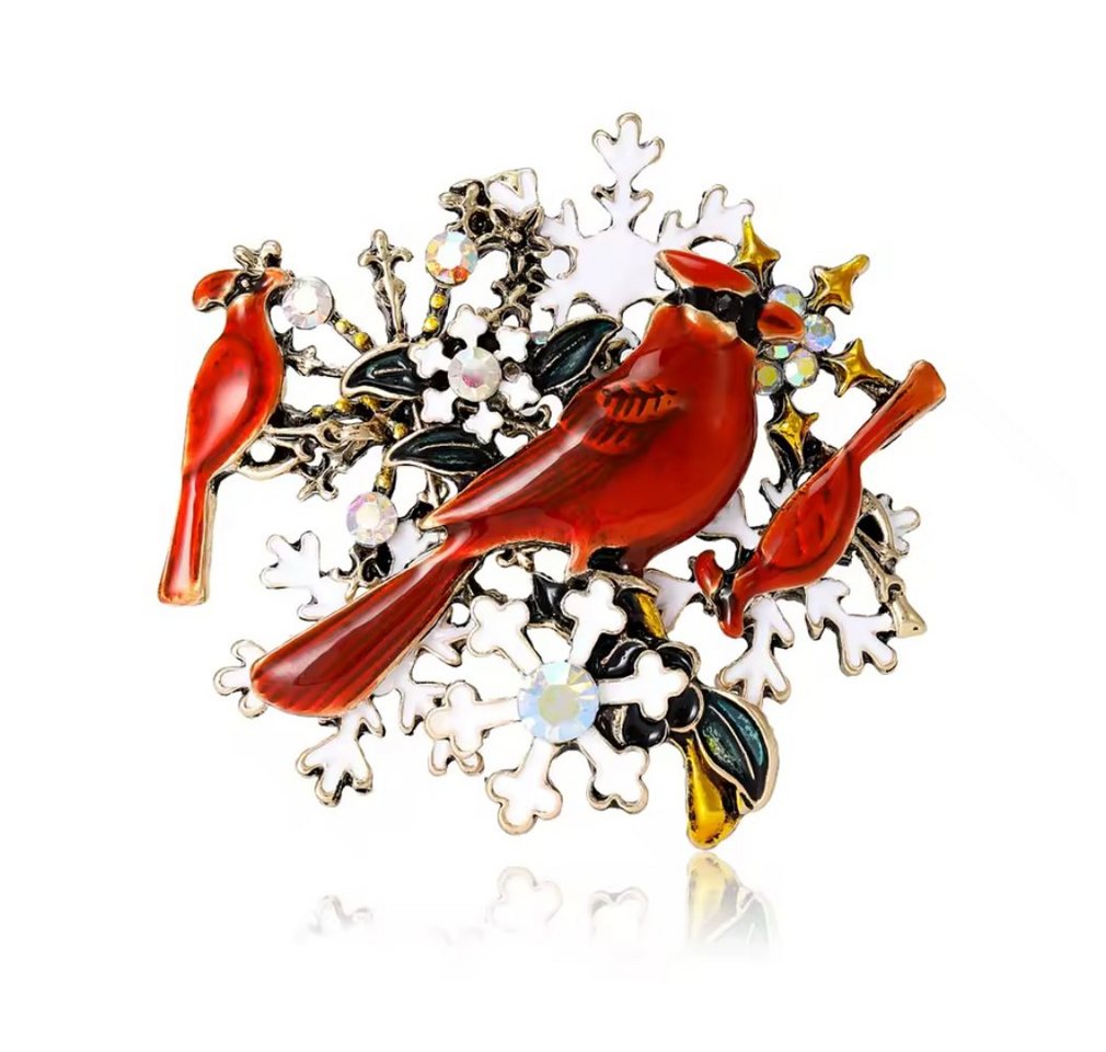 Dark-Desires Brosche Winterlichte Brosche "Kardinälen und Schneeflocken", Damen Brosche vintage Accesssoire retro Anstecknadel von Dark-Desires