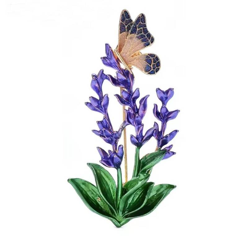 Dark-Desires Brosche Zauberhafte Brosche Schmetterling auf Lavendelblüten metallicfarben, Damen Brosche vintage Accesssoire retro Anstecknadel von Dark-Desires