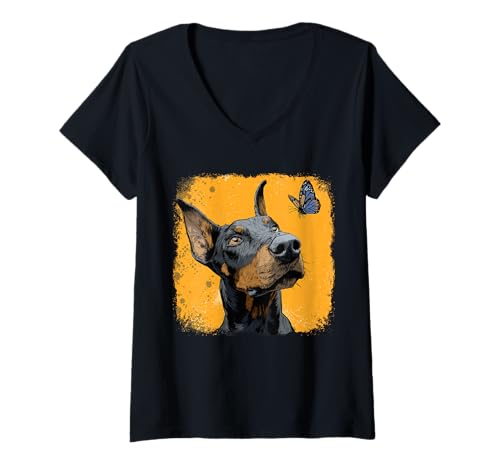 Damen Lustiger Dobermann und Schmetterling T-Shirt mit V-Ausschnitt Damen Lustiger Dobermann und Schmetterling T-Shirt mit V-Ausschnitt von Dark Doberman Love