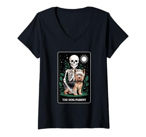Damen Lustiger Tarot-Hund Elternteil Yorkshire Terrier T-Shirt mit V-Ausschnitt von Dark Dog Magic Occult Dog Parent