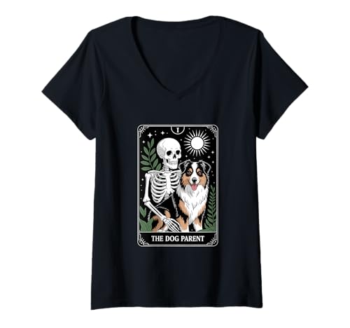 Damen Lustiges Tarot Hund Elternteil Australian Shepherd T-Shirt mit V-Ausschnitt Damen Lustiges Tarot Hund Elternteil Australian Shepherd T-Shirt mit V-Ausschnitt von Dark Dog Magic Occult Dog Parent