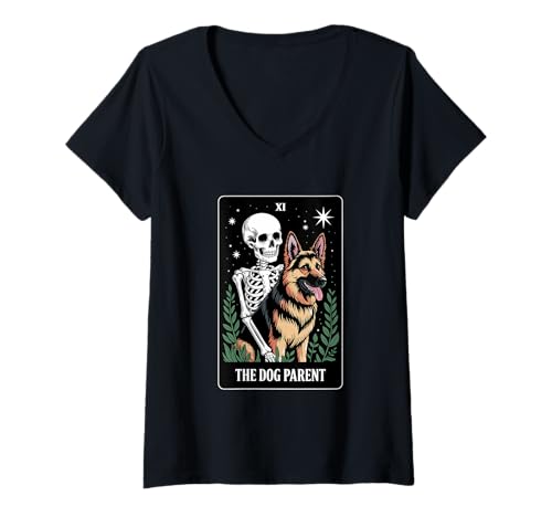 Damen Lustiges Tarot Hund Elternteil Deutscher Schäferhund T-Shirt mit V-Ausschnitt von Dark Dog Magic Occult Dog Parent