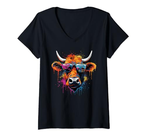 Damen Lustige bunte Kuh mit Sonnenbrille T-Shirt mit V-Ausschnitt von Dark Farmer Love