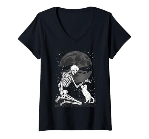 Damen Cat Skull Moon Halloween Grafik Goth Kitty Skeletton T-Shirt mit V-Ausschnitt Damen Cat Skull Moon Halloween Grafik Goth Kitty Skeletton T-Shirt mit V-Ausschnitt von Dark Feline Goth Apparel