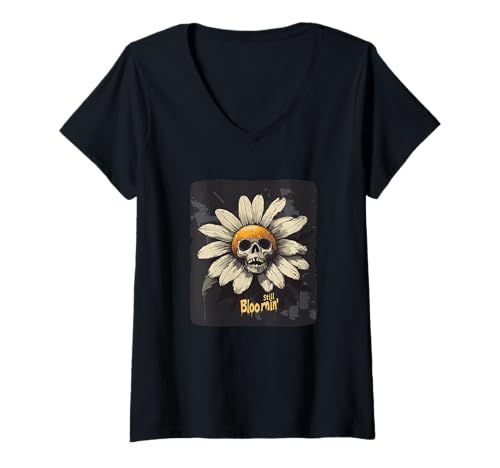 Damen Skelett-Gänseblümchen mit noch blühender Blüte für Erwachsene und Kinder T-Shirt mit V-Ausschnitt von Dark Gothic Outfit