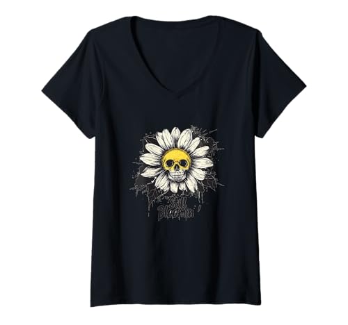 Damen Still Bloomin' Skull Daisy Kostüm für Erwachsene und Kinder T-Shirt mit V-Ausschnitt von Dark Gothic Outfit