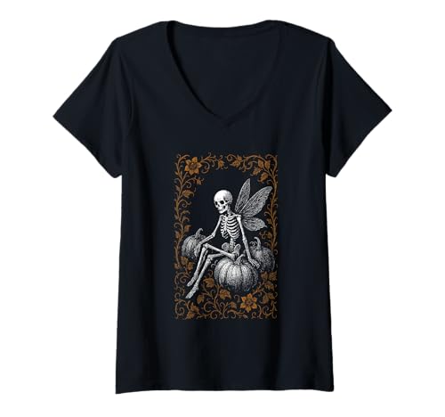Damen Fairy Grunge Skelett Fee Kürbisse Gothic Fairycore T-Shirt mit V-Ausschnitt Damen Fairy Grunge Skelett Fee Kürbisse Gothic Fairycore T-Shirt mit V-Ausschnitt von Dark Gothic Witchy Mystical Halloween Wicca
