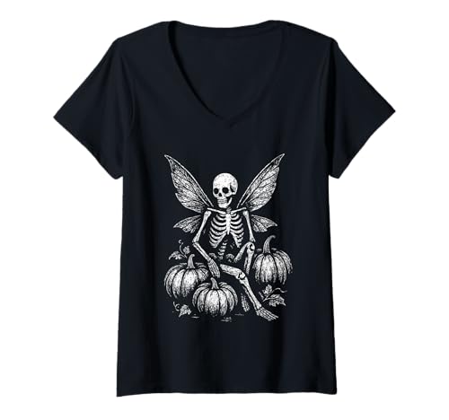 Damen Skelett Fee Kürbisse Fairygrunge Gothic Fairycore T-Shirt mit V-Ausschnitt von Dark Gothic Witchy Mystical Halloween Wicca