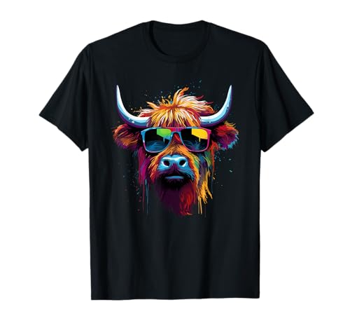 Dark Highland Cattle Love - Damen T-Shirt, Schwarz, S, Kurzarm, U-Ausschnitt, Schottisches Hochlandrind Design mit Sonnenbrille von Dark Highland Cattle Love