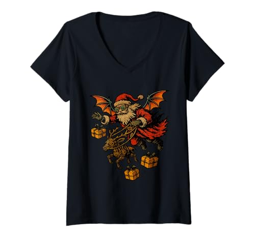Damen Gotischer Weihnachtsmann mit Fledermausflügeln Roboter Rentier T-Shirt mit V-Ausschnitt Damen Gotischer Weihnachtsmann mit Fledermausflügeln Roboter Rentier T-Shirt mit V-Ausschnitt von Dark Holiday Express