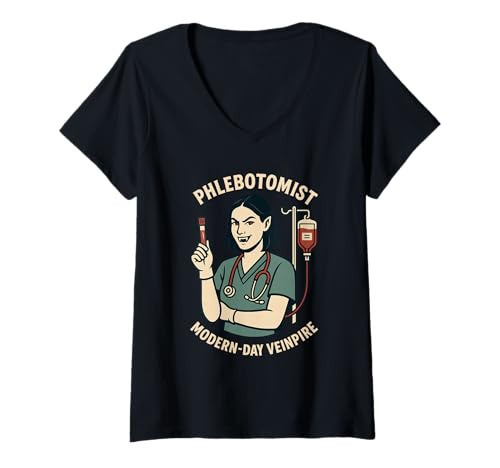 Damen Lustiger Phlebotomist Krankenschwester Vampir Blut Humor Vein Witz T-Shirt mit V-Ausschnitt von Dark Humor Blood Draw Sarcasm Lab Tech Halloween
