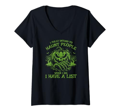Damen Gruselige Geschnitzte Jack-o-Lantern Ich beabsichtige voll T-Shirt mit V-Ausschnitt von Dark Humor Halloween Kürbismeme