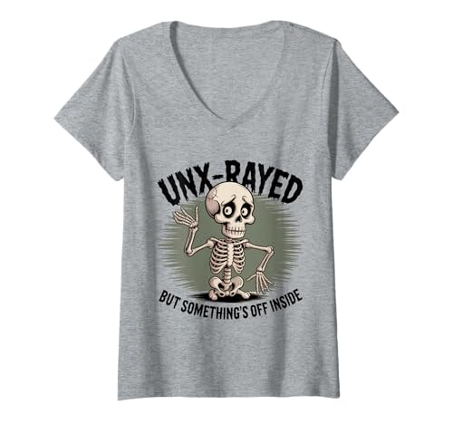 Damen UNX-Rayed Lustiges Skelett Mental Health Humor T-Shirt mit V-Ausschnitt von Dark Humor Skeleton Xray Halloween Skeleton Mood