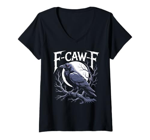 Damen Gothic Raven Moon Design - Dark Humor Artwork T-Shirt mit V-Ausschnitt von Dark Humour Goth Designs LTD