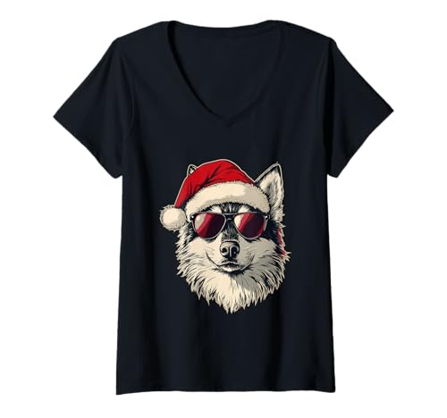 Damen Husky Dog mit Weihnachtsmütze T-Shirt mit V-Ausschnitt von Dark Husky Love