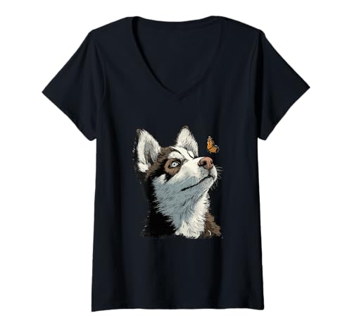 Damen Neugieriger Huskywelpe und Schmetterling T-Shirt mit V-Ausschnitt von Dark Husky Love