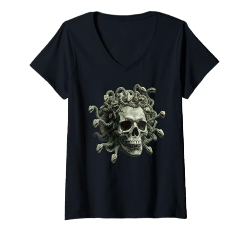 Damen Medusa Schädel Griechische Mythologie Gorgon Schlange Haar Schädel Gothic T-Shirt mit V-Ausschnitt von Dark Medusa Legends Art