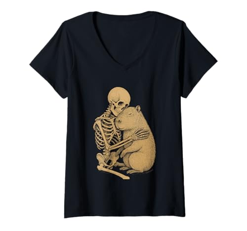 Damen Skelett umarmendes Capybara Gothic Tier Illustration T-Shirt mit V-Ausschnitt Damen Skelett umarmendes Capybara Gothic Tier Illustration T-Shirt mit V-Ausschnitt von Dark Nature Sketches